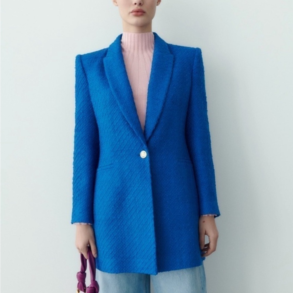 Zara Vibrant Blue Single-Button Textured Blazer
